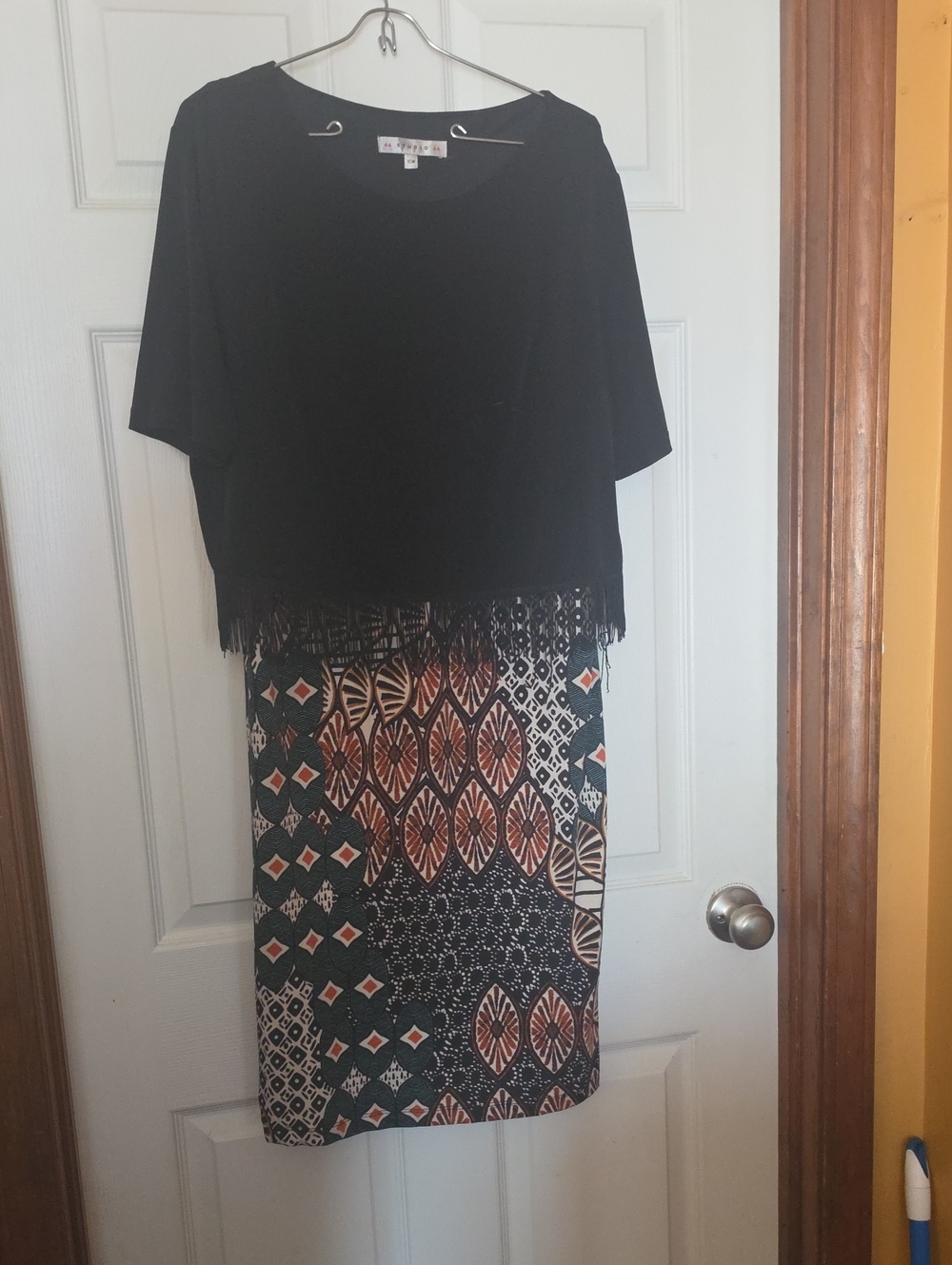 Aa Studio Black Fringe Top with Patterned Pencil Skirt